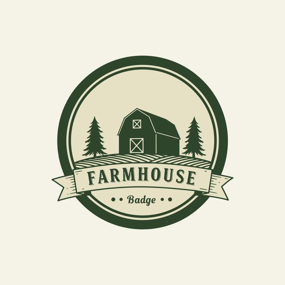 A stylized vintage badge depicting a farmhouse barn nestled between two trees on a field. vector