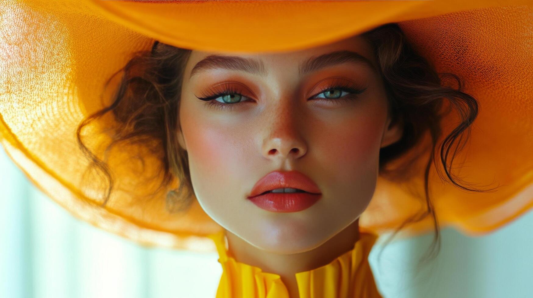 Stunning model with vibrant orange hat and striking makeup posing indoors photo