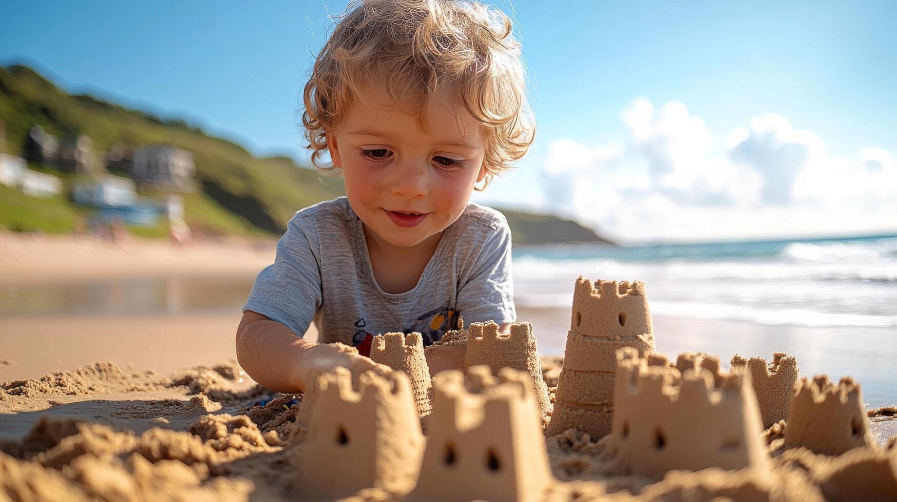 Child builds sandcastles on a sunny beach while wearing a hat and enjoying a summer day photo