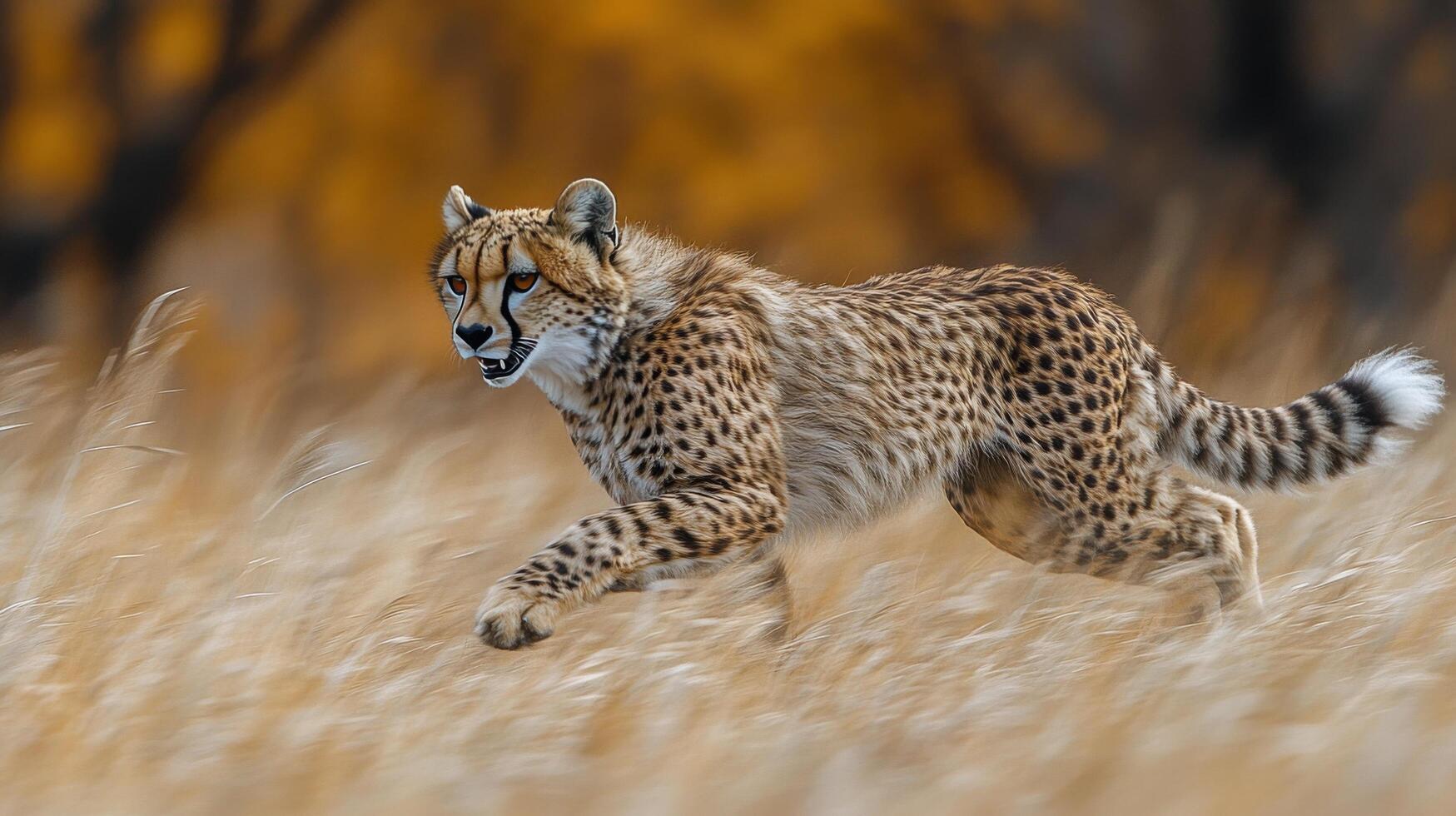 Cheetah sprinting through a forest in autumn, showcasing speed and agility in motion photo
