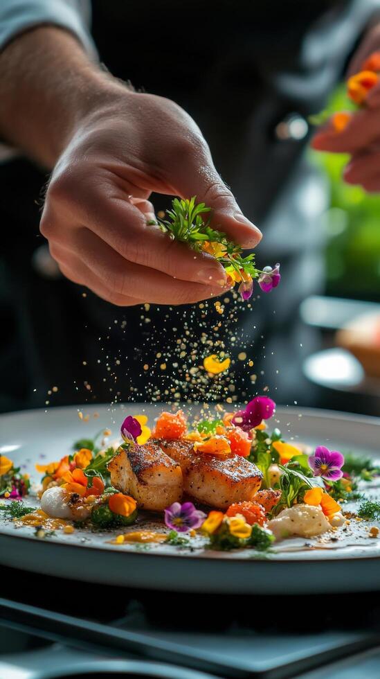 Culinary artist garnishes a colorful dish with fresh herbs and edible flowers in a fine dining restaurant photo