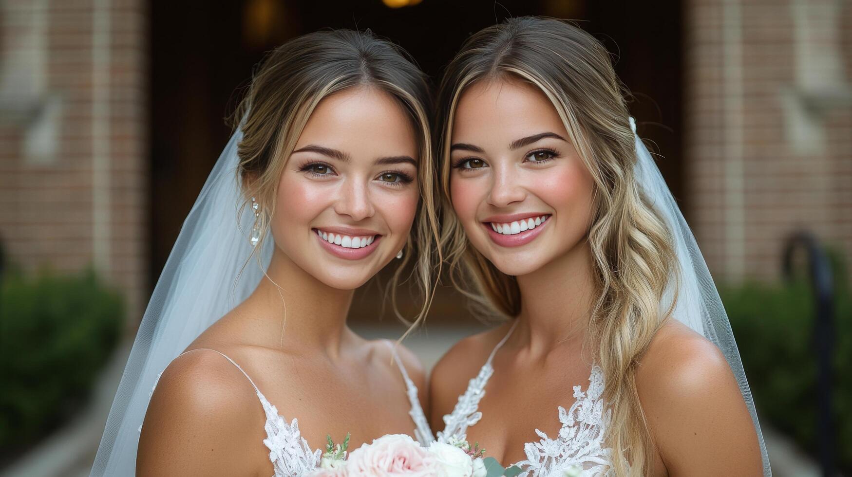 Two brides smiling joyfully in elegant dresses with light veils at a beautiful outdoor venue photo
