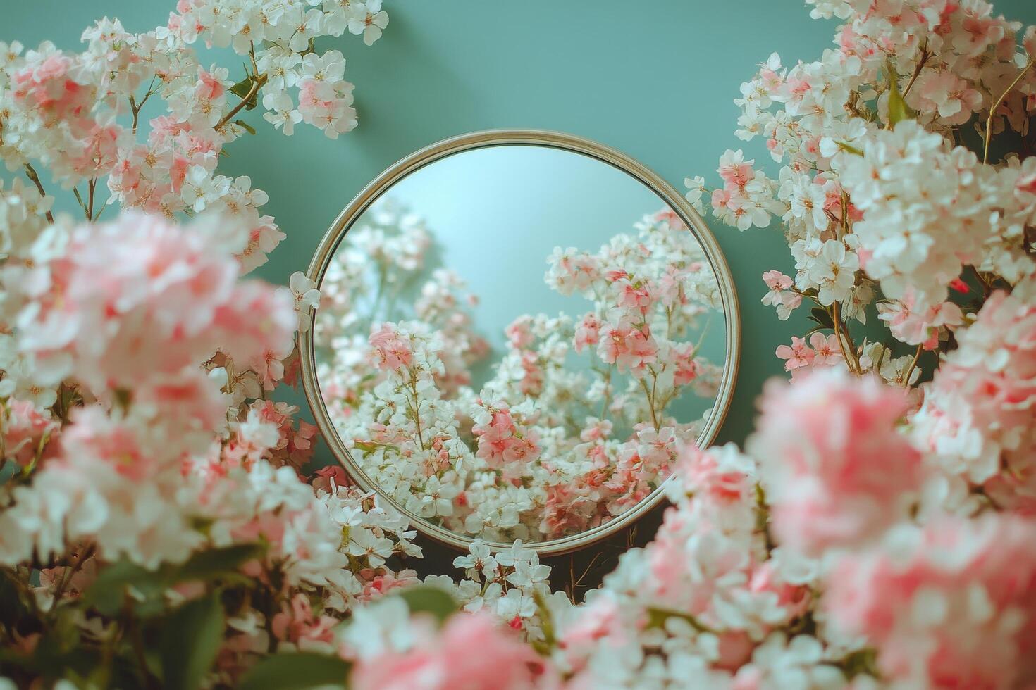 Pink flower arrangement surrounding a circular mirror creates a vibrant and serene atmosphere photo