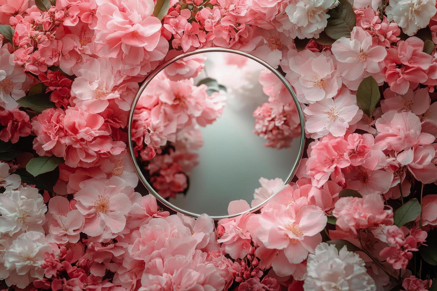 Pink flower arrangement surrounding a circular mirror creates a vibrant and serene atmosphere photo