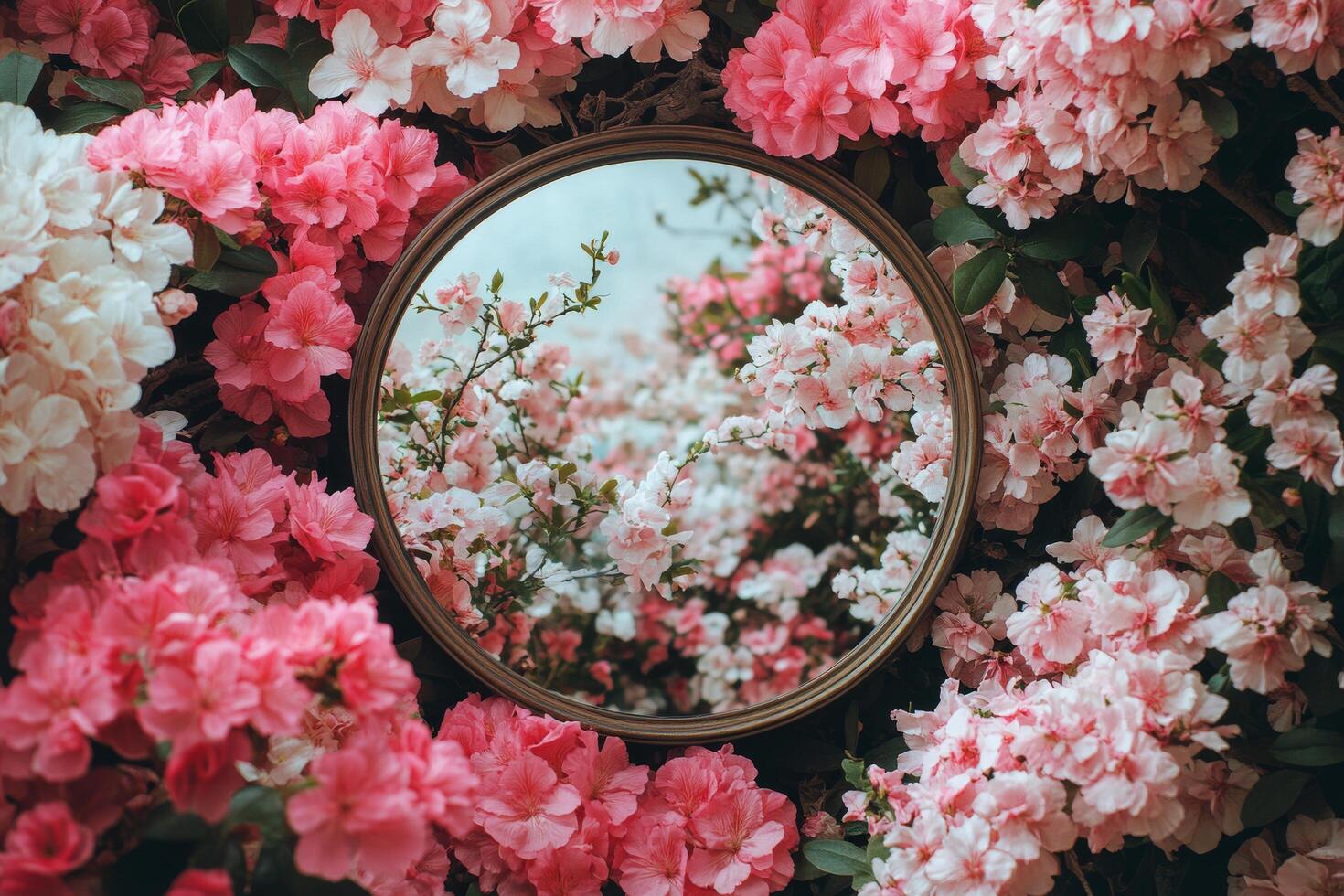 Pink flower arrangement surrounding a circular mirror creates a vibrant and serene atmosphere photo