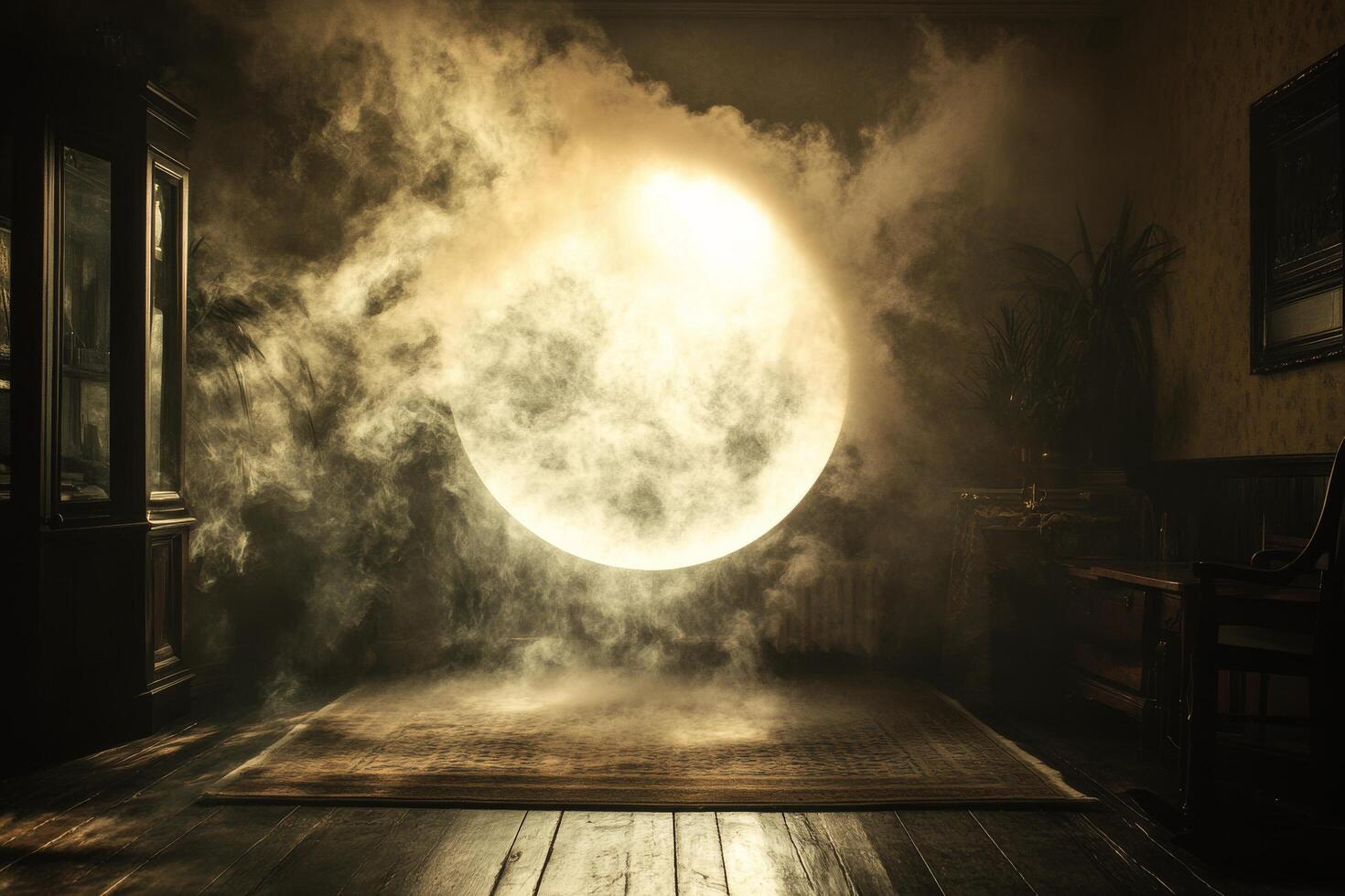 Mysterious glowing moon illuminating a foggy room at night photo