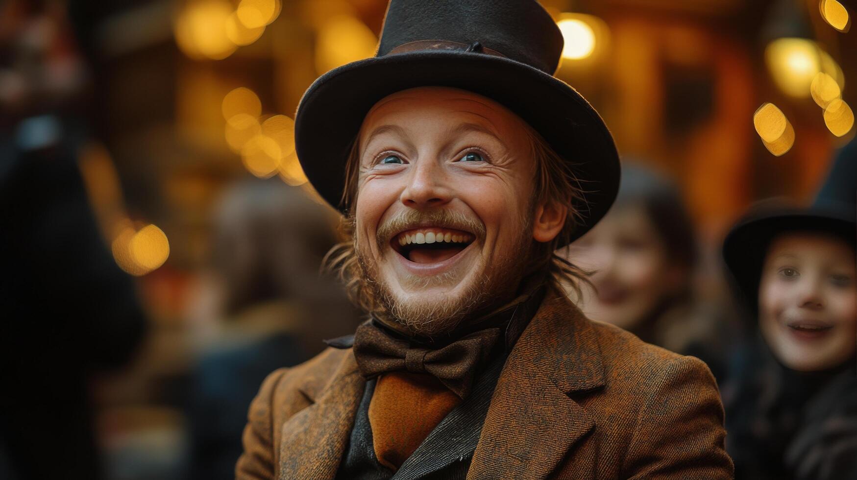 Smiling man in brown attire enjoying festive atmosphere at winter gathering in a lively market photo