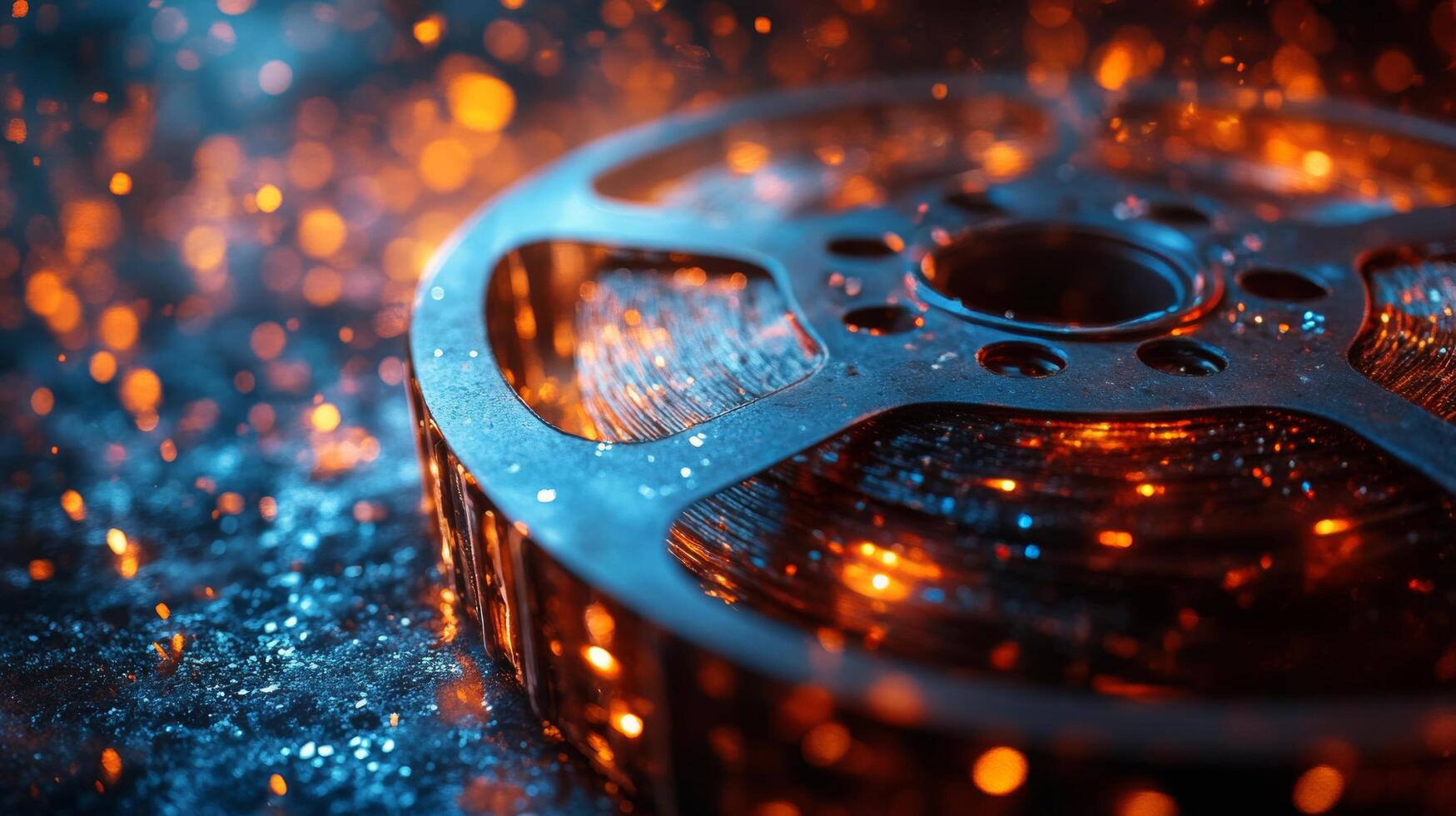 Artistic representation of a film reel surrounded by sparkling light effects photo