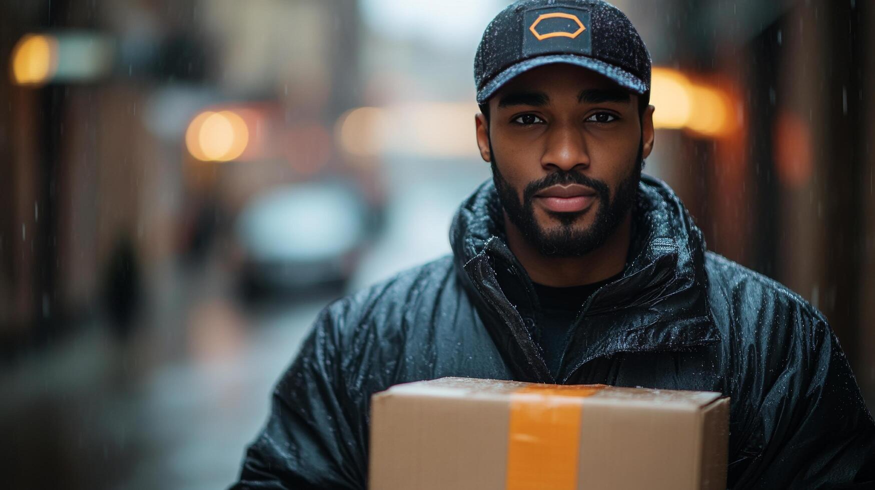 Delivery person carrying a parcel in a busy urban street during the daytime photo