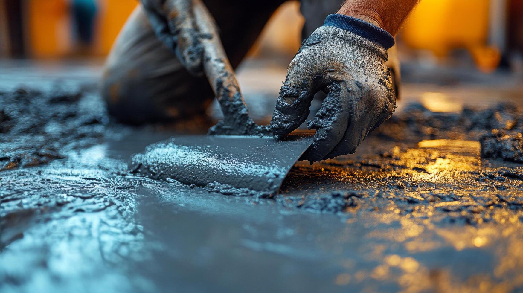 Worker applying finishing touches to a smooth concrete surface during evening construction hours photo