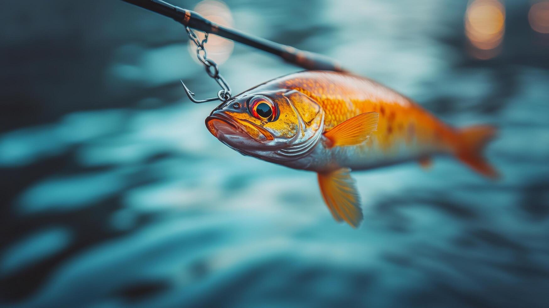 Close-up of a fishing rod with droplets resting on its surface near calm water photo