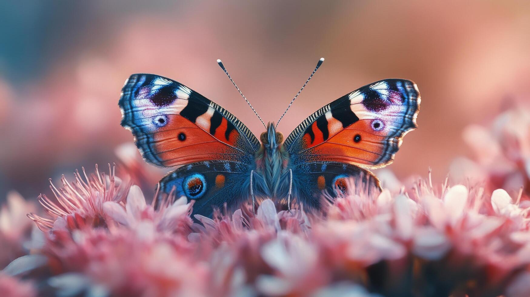 Monarch butterfly resting on colorful flowers in a vibrant garden during springtime photo