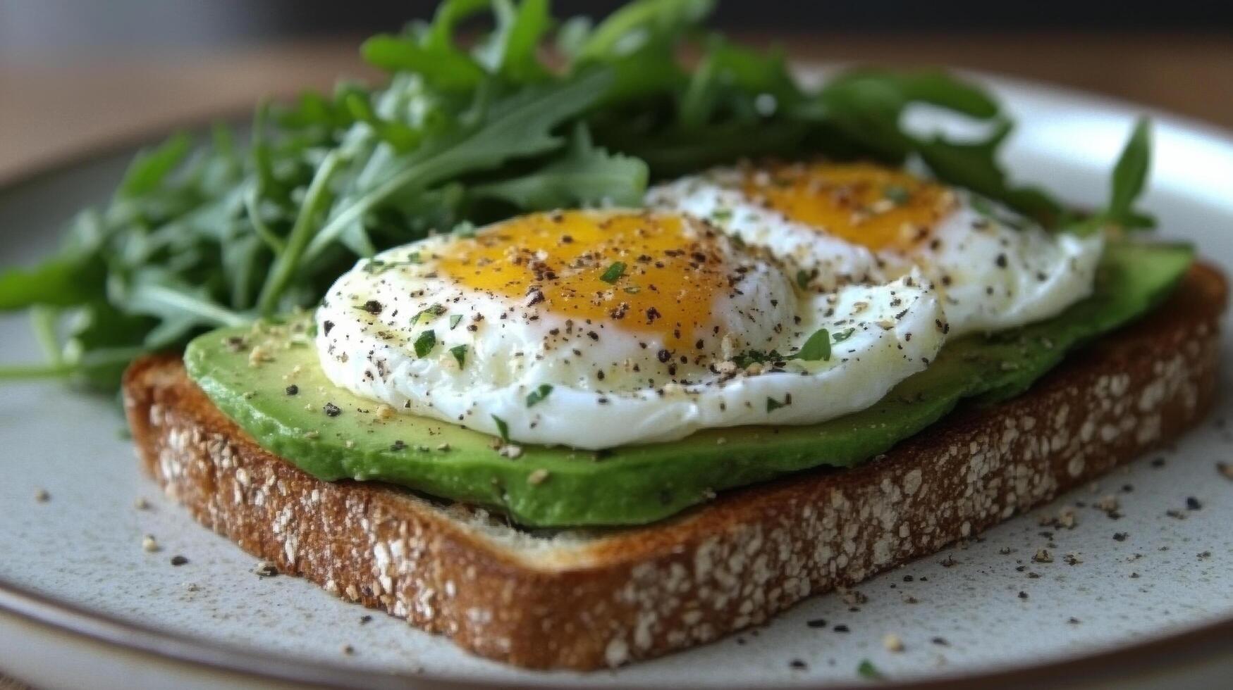 Delicious avocado toast topped with poached eggs on whole grain bread in a rustic setting photo