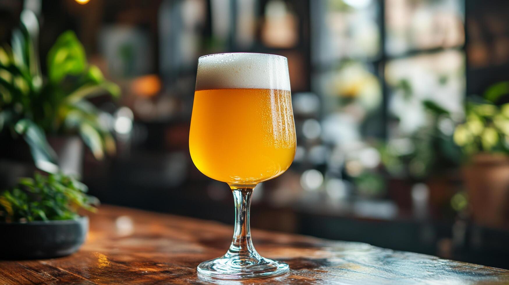 Refreshing craft beer served in a glass at a trendy bar during evening hours photo