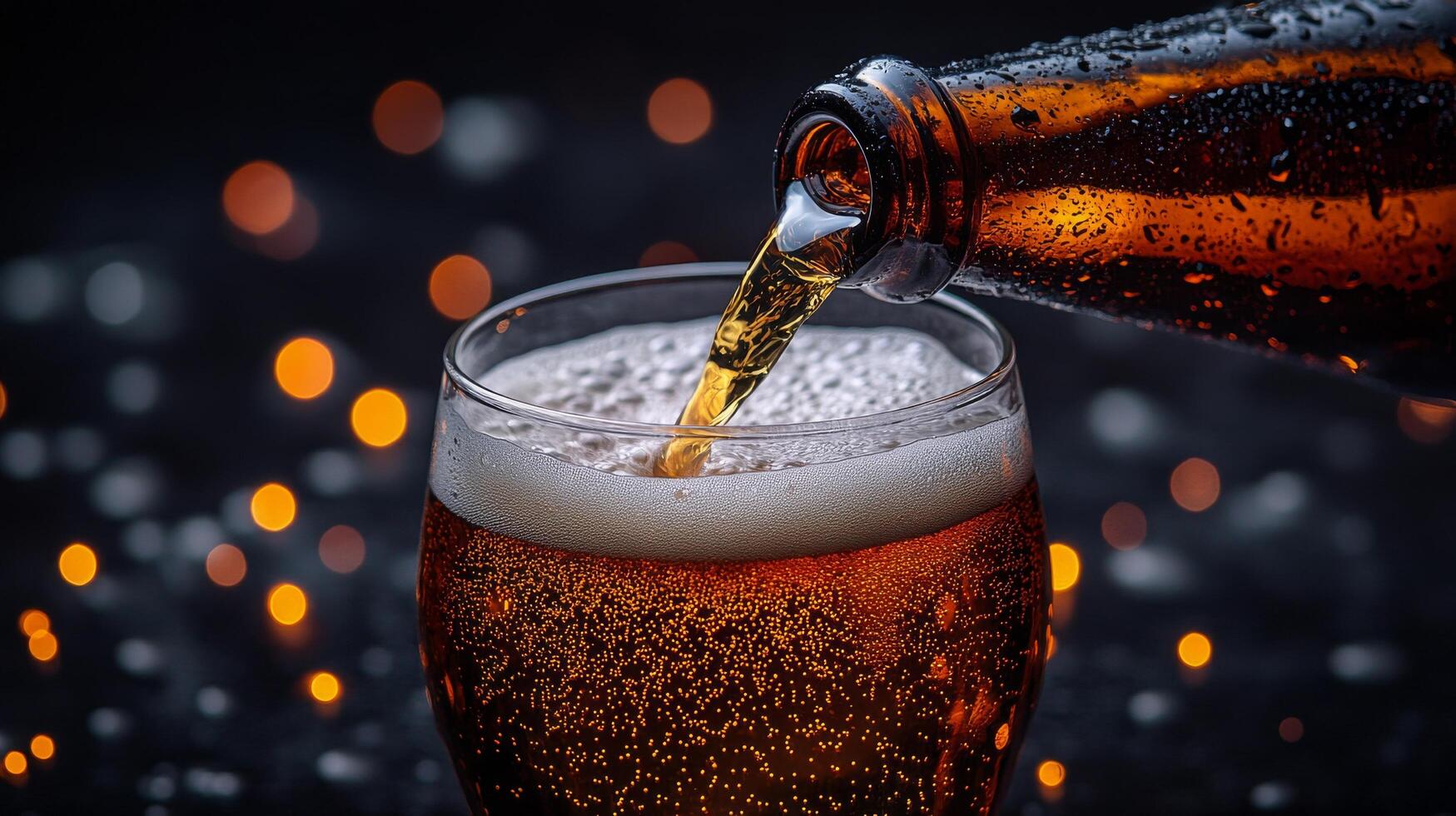 Pouring a cold beverage into a sparkling glass with festive lights in the background photo