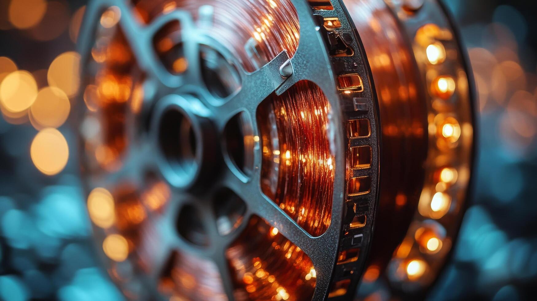 Artistic representation of a film reel surrounded by sparkling light effects photo
