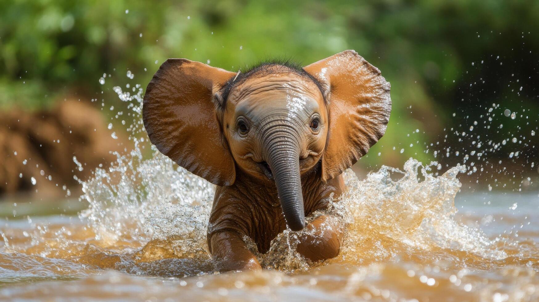 Young elephant splashes joyfully in river during sunny day surrounded by lush greenery photo