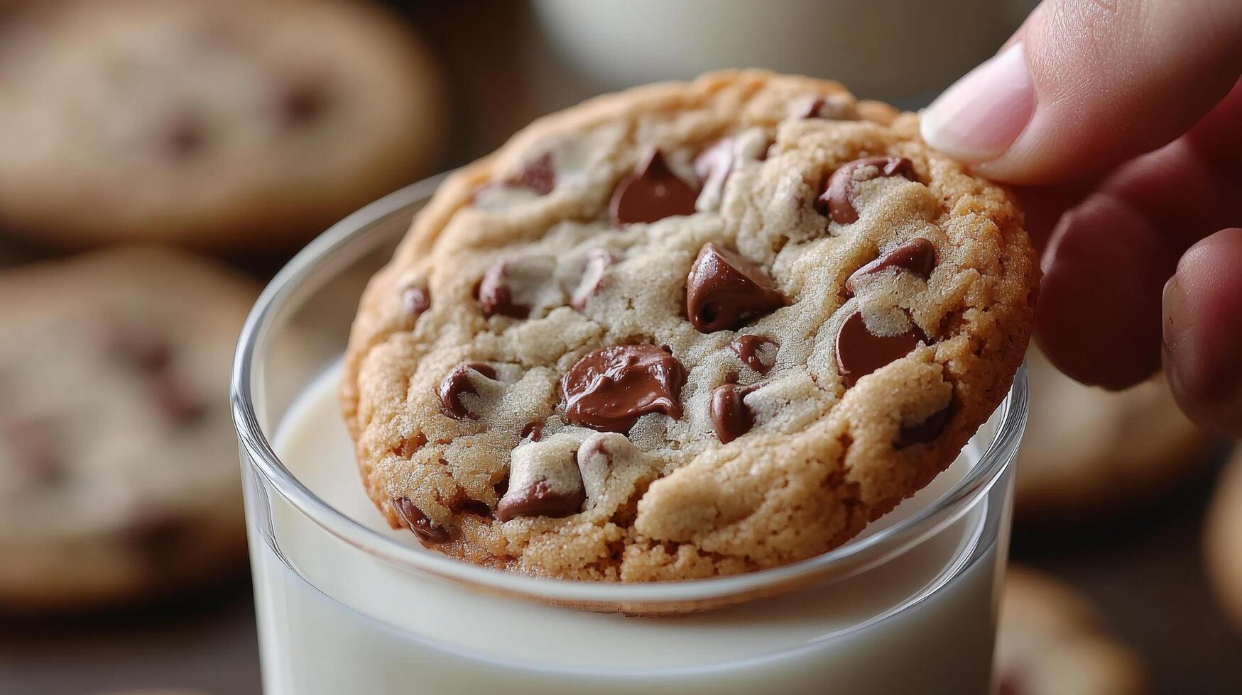Delightful cookie dipped in creamy chocolate milk at a cozy gathering photo
