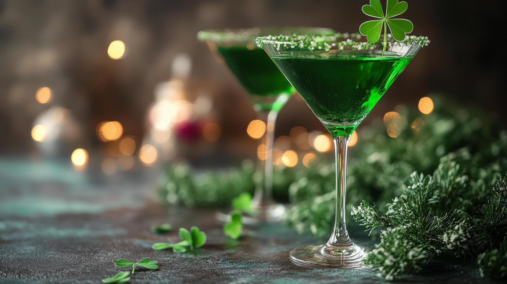 Refreshing green cocktail garnished with clover in a festive atmosphere photo
