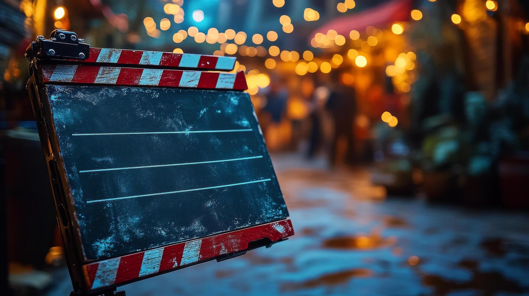 Chalkboard sign in bustling street adorned with fairy lights during evening hours photo