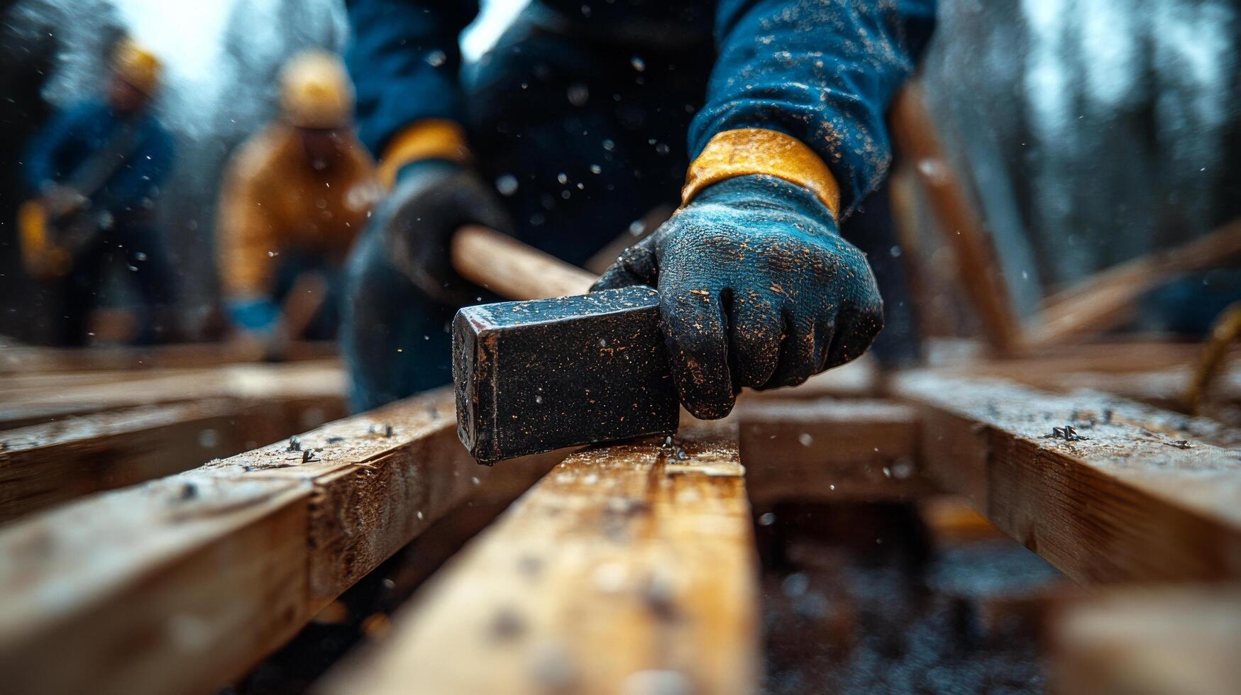 Construction workers hammering wooden planks at a building site during a rainy day photo