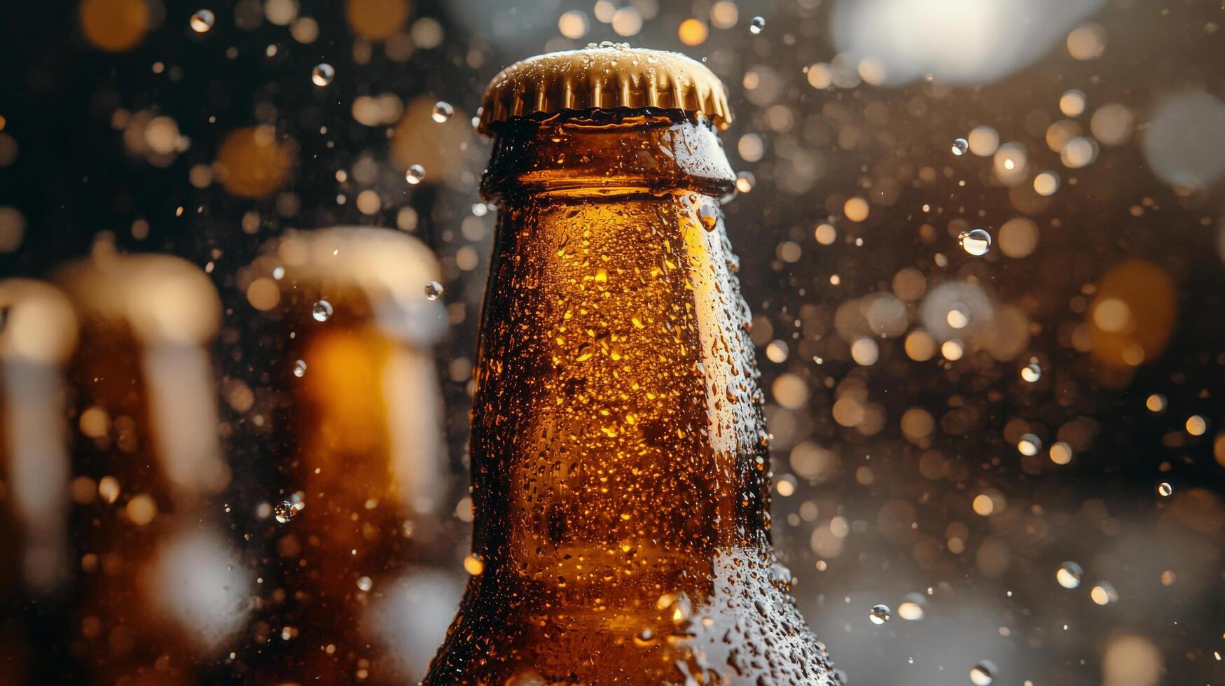 Refreshing beverage with droplets and bokeh background in dining setting during evening hours photo