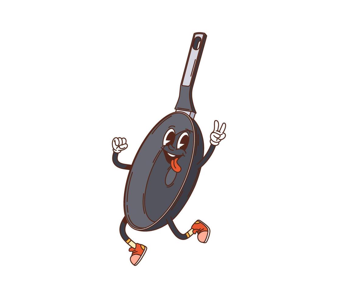Retro groovy frypan cartoon kitchenware character vector