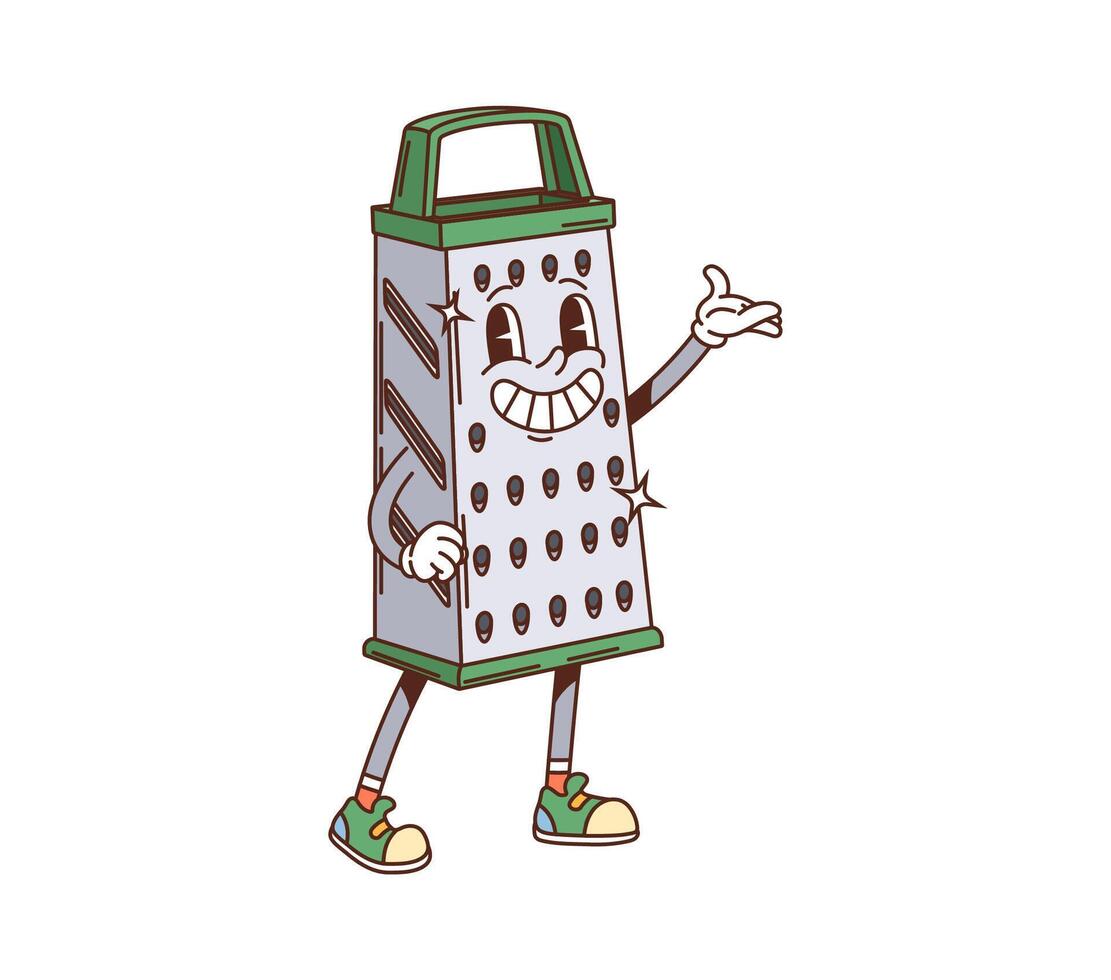 Groovy grater retro cartoon kitchenware character vector