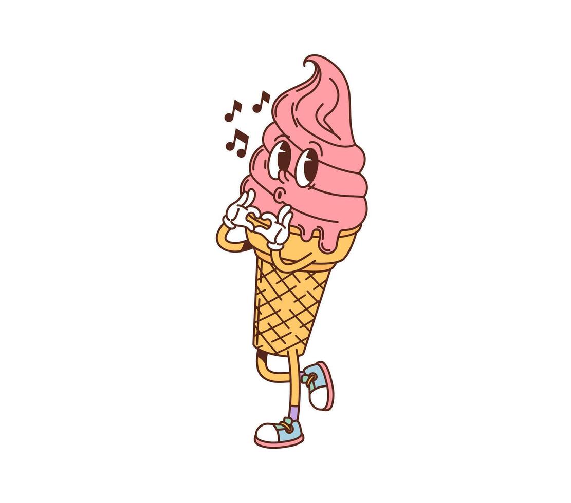 Cartoon groovy fast food ice cream cone character vector