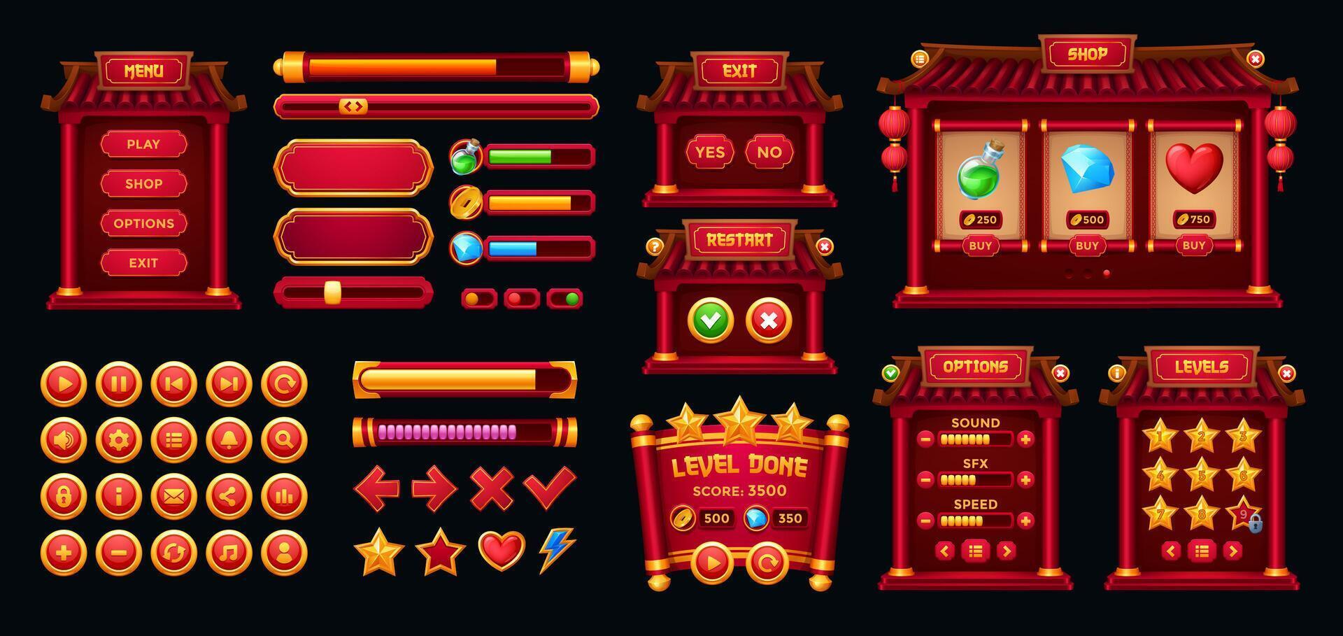 Chinese game interface, gui buttons, frames asset vector