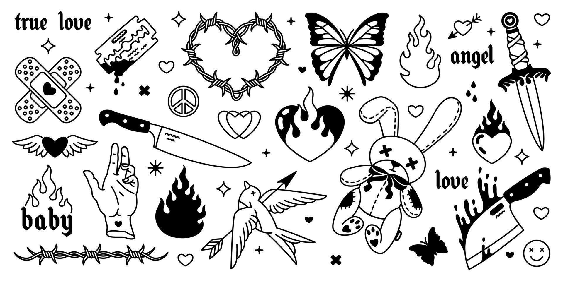 Y2K tattoo set, abstract modern trendy retro art vector