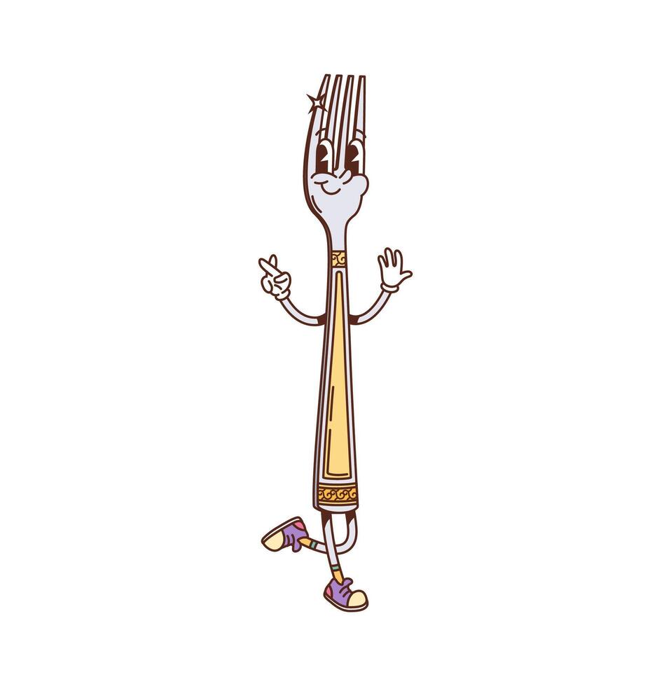 Retro groovy fork, cartoon kitchenware character vector