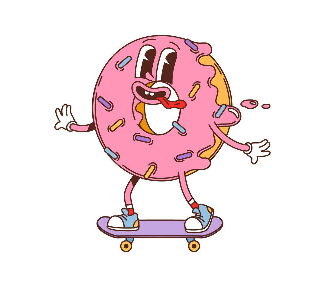Cartoon groovy fast food donut character on skate vector