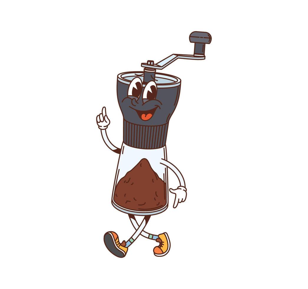 Retro groovy coffee grinder kitchenware character vector