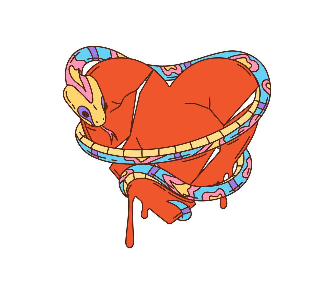 Retro hippie broken heart with snake groovy symbol vector