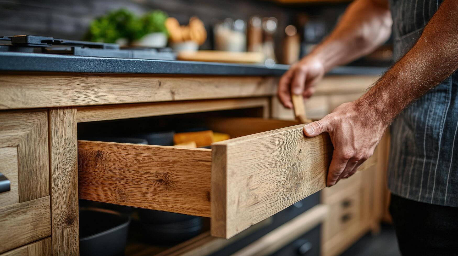 Wooden drawer opening in a modern kitchen while preparing ingredients and tools for cooking photo