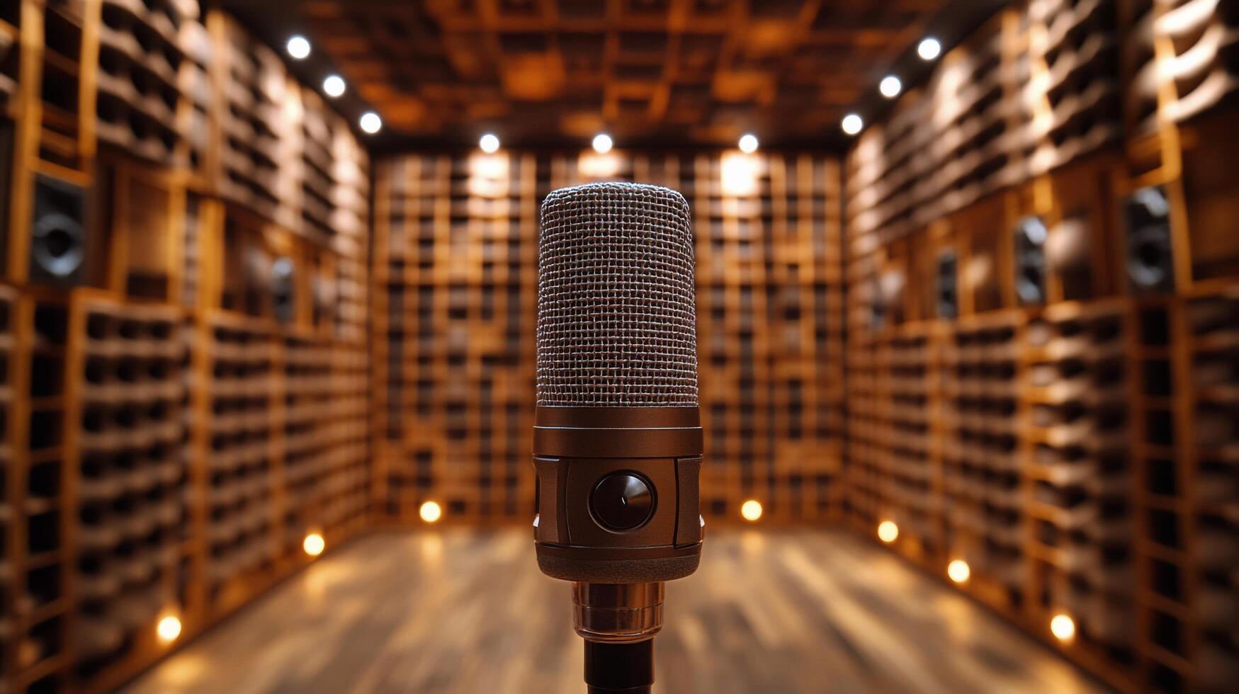 Recording studio setting with a microphone and wooden paneling for music production photo