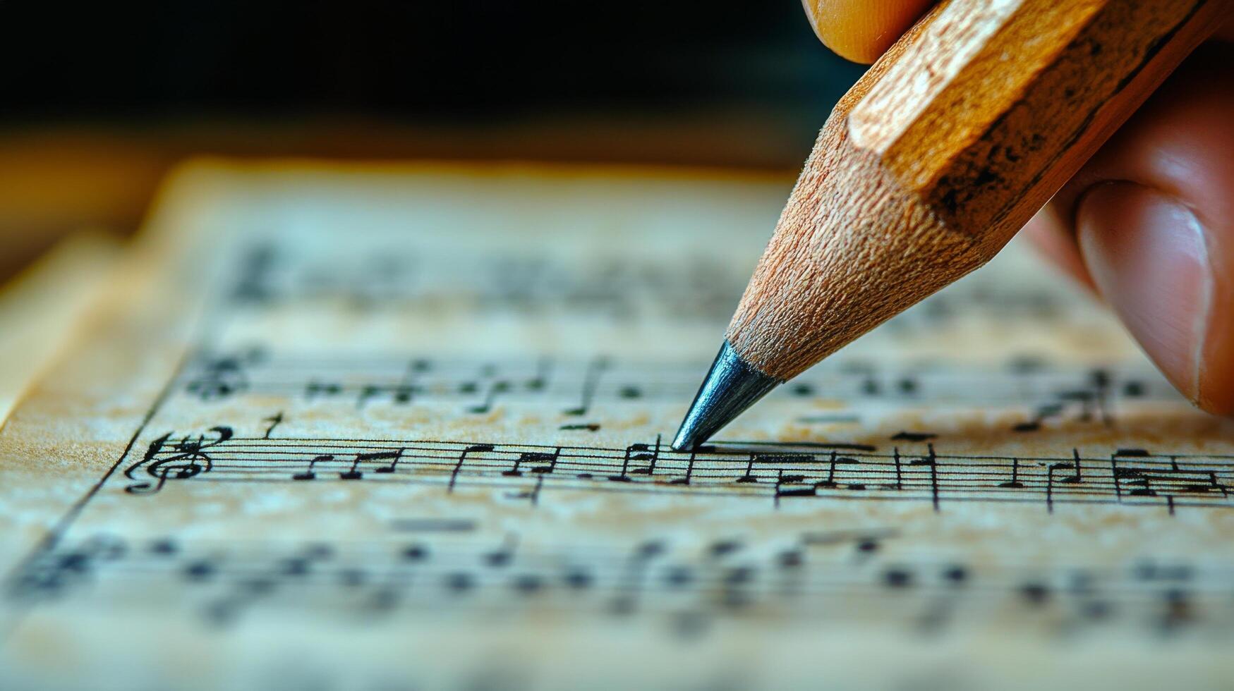 Creating musical notations with a pencil on sheet music for a new composition photo