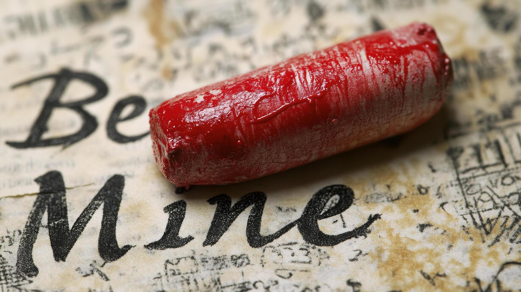 Romantic message written on vintage paper with red ink and heart on dark surface photo