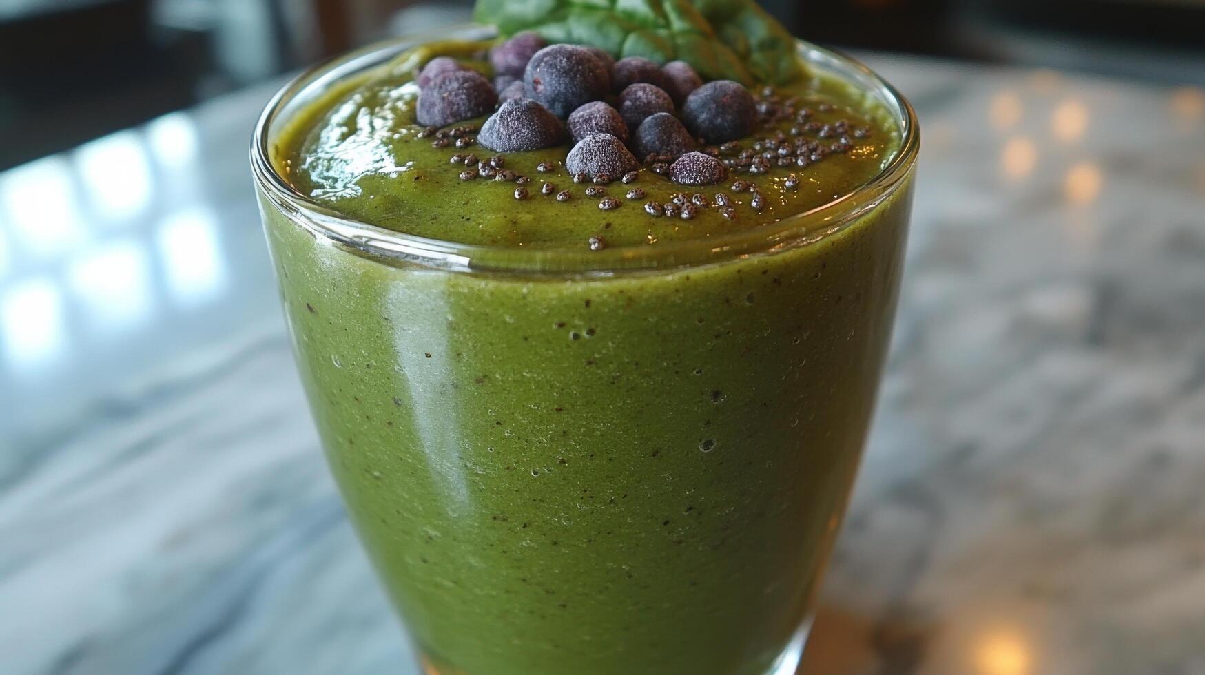 Green smoothie with spinach and banana prepared in a rustic kitchen environment photo