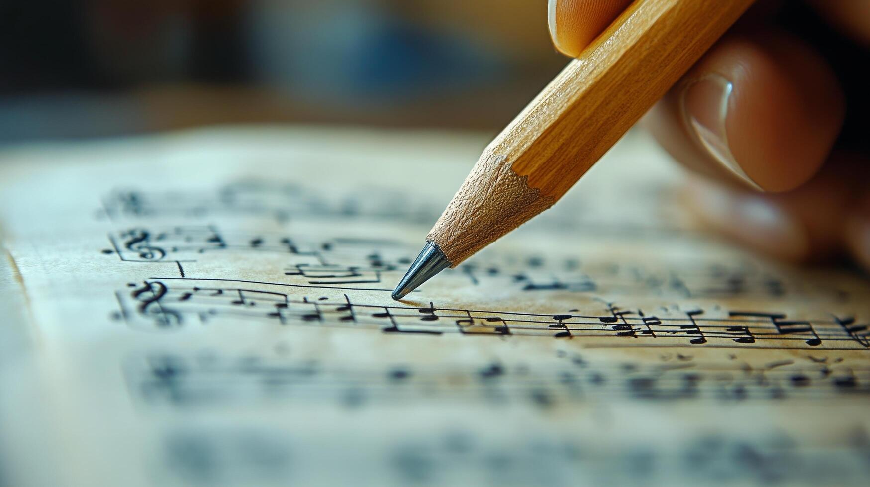 Creating musical notations with a pencil on sheet music for a new composition photo