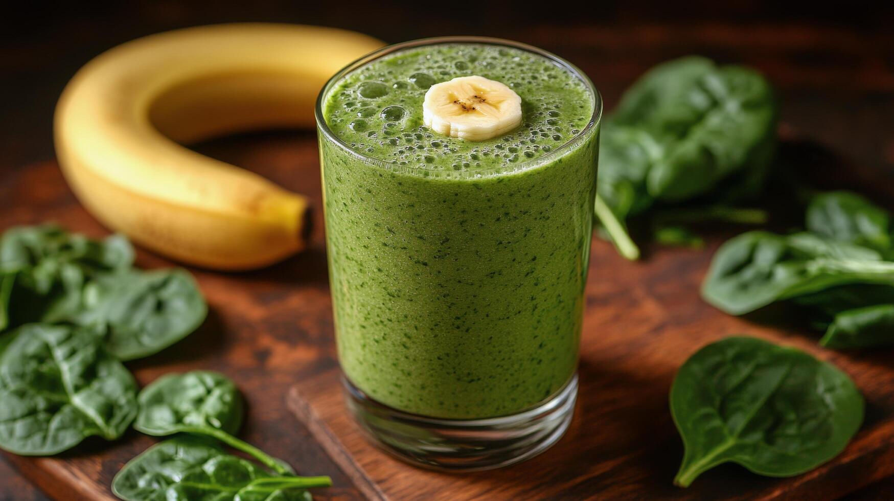 Green smoothie with spinach and banana prepared in a rustic kitchen environment photo