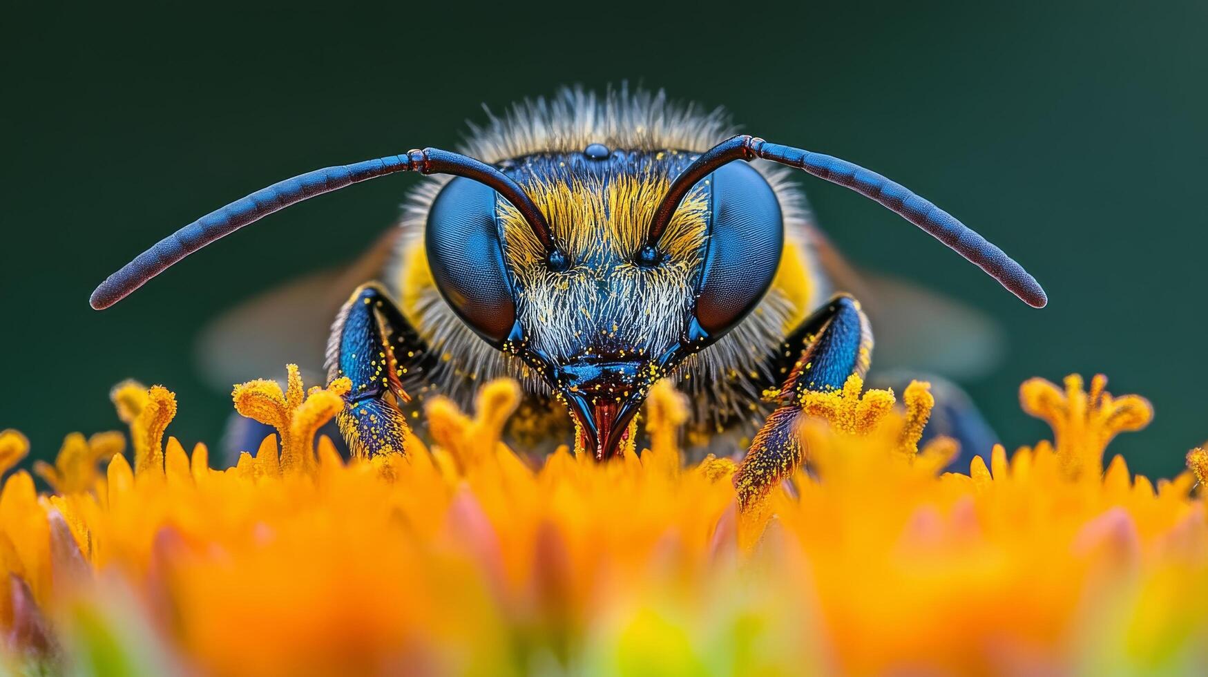 Close-up of a honeybee gathering nectar from a yellow flower on a sunny day in a garden photo