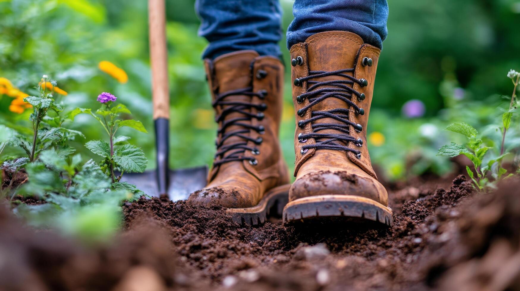 Exploring the outdoors in rugged boots while digging in the forest terrain photo
