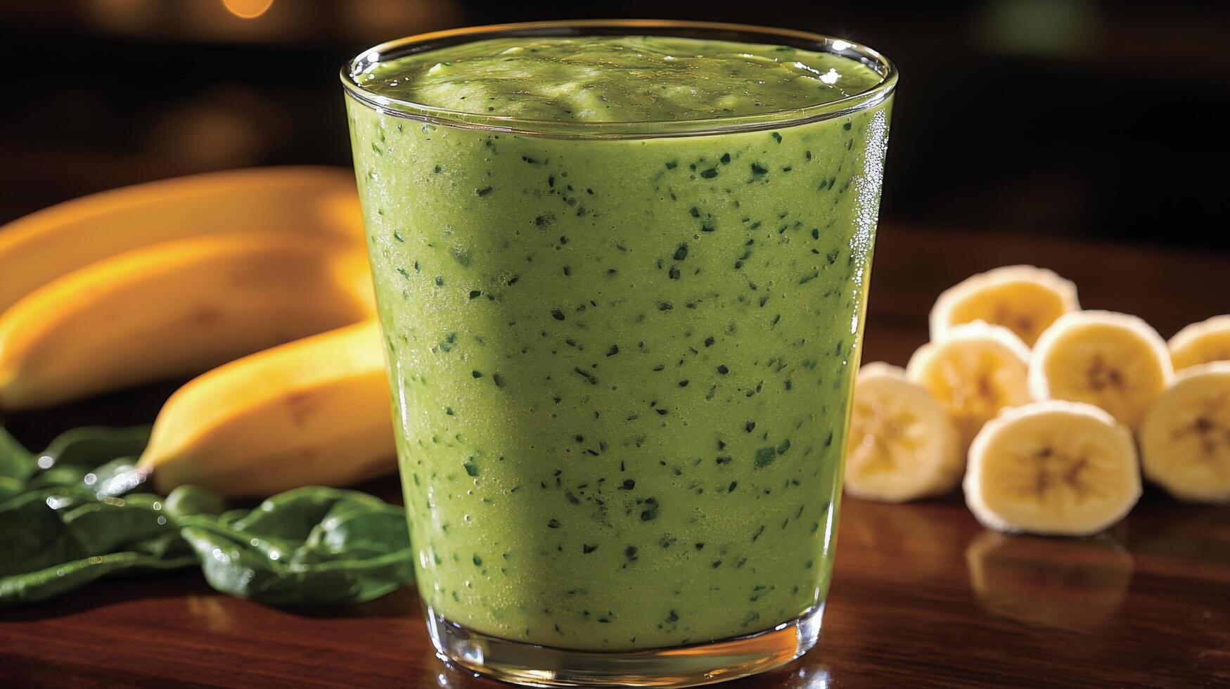 Green smoothie with spinach and banana prepared in a rustic kitchen environment photo