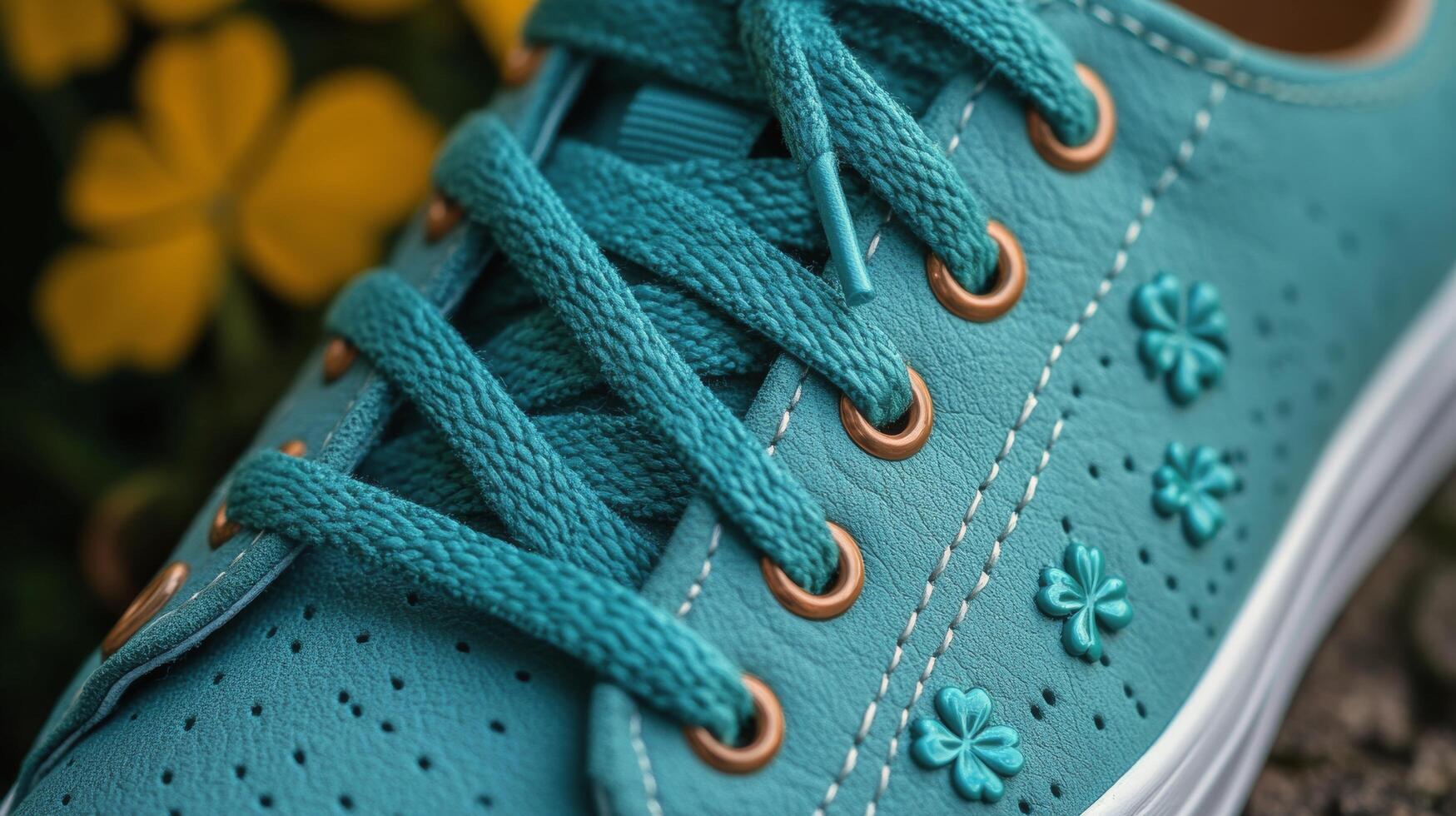 Green footwear with shamrock decorations for festive celebration in a close-up view photo