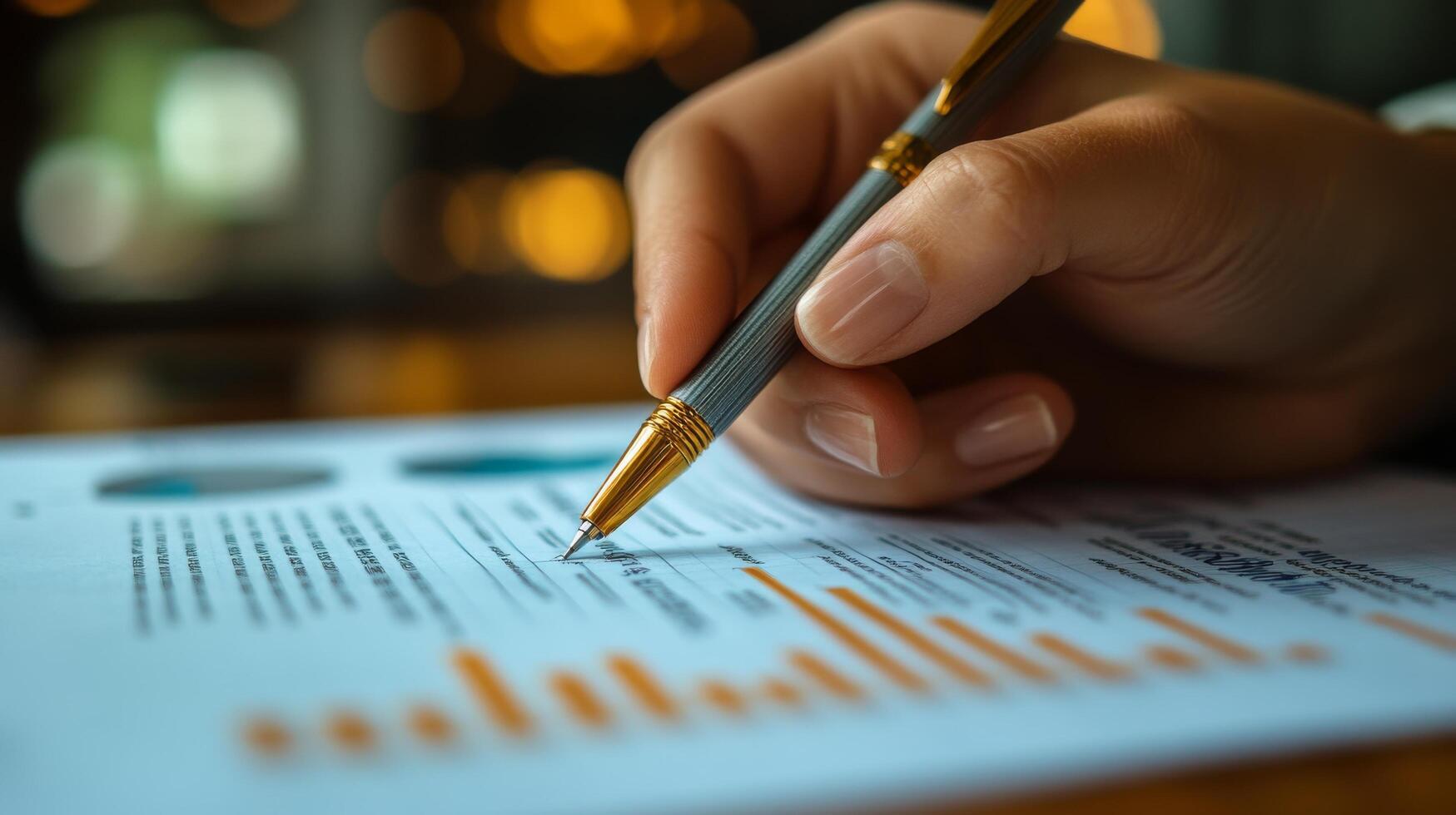 Hand holding a pen while reviewing financial documents in a well-lit office setting photo