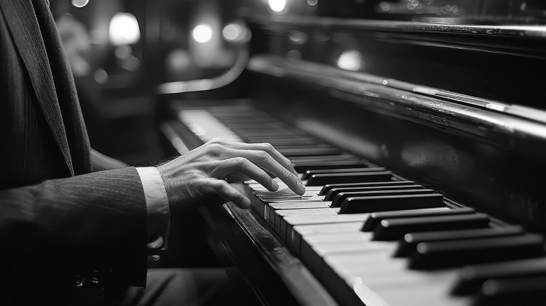 Hands play synthesizer keys in a cozy music studio during evening hours photo