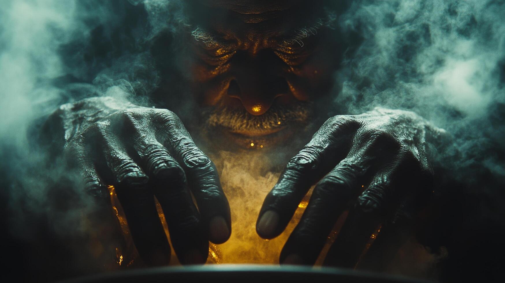 Mysterious figure casting spells over a glowing cauldron in misty atmosphere photo