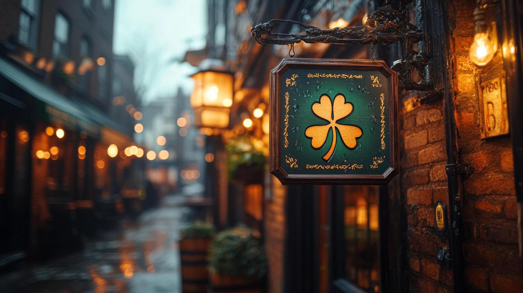 Vintage sign featuring a green clover in front of a cozy pub with warm lighting photo